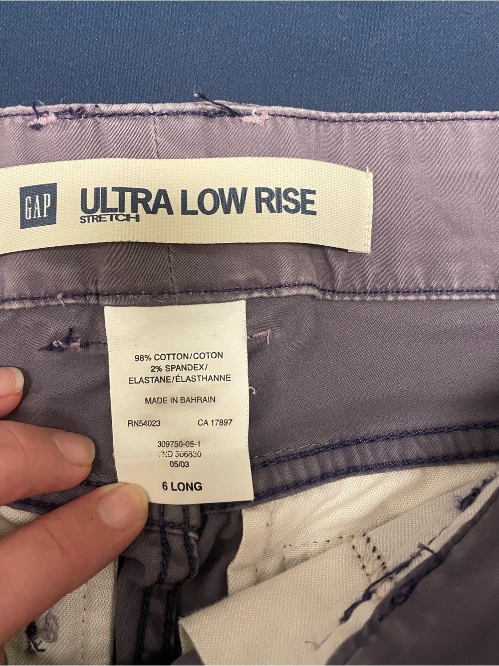 6 Long Gap Ultra Low Rise Stretch purple pants